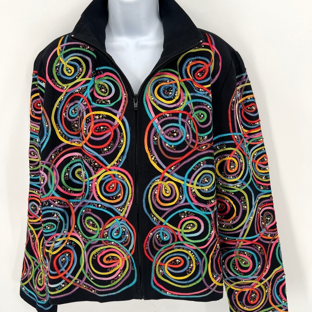 Vintage 90s Colorful Beaded Ribbon Jacket Black Circus Jester Maximalist Bright - Picture 2 of 9